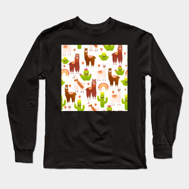 Alpaca and cactus seamless pattern Long Sleeve T-Shirt by Lozovytska